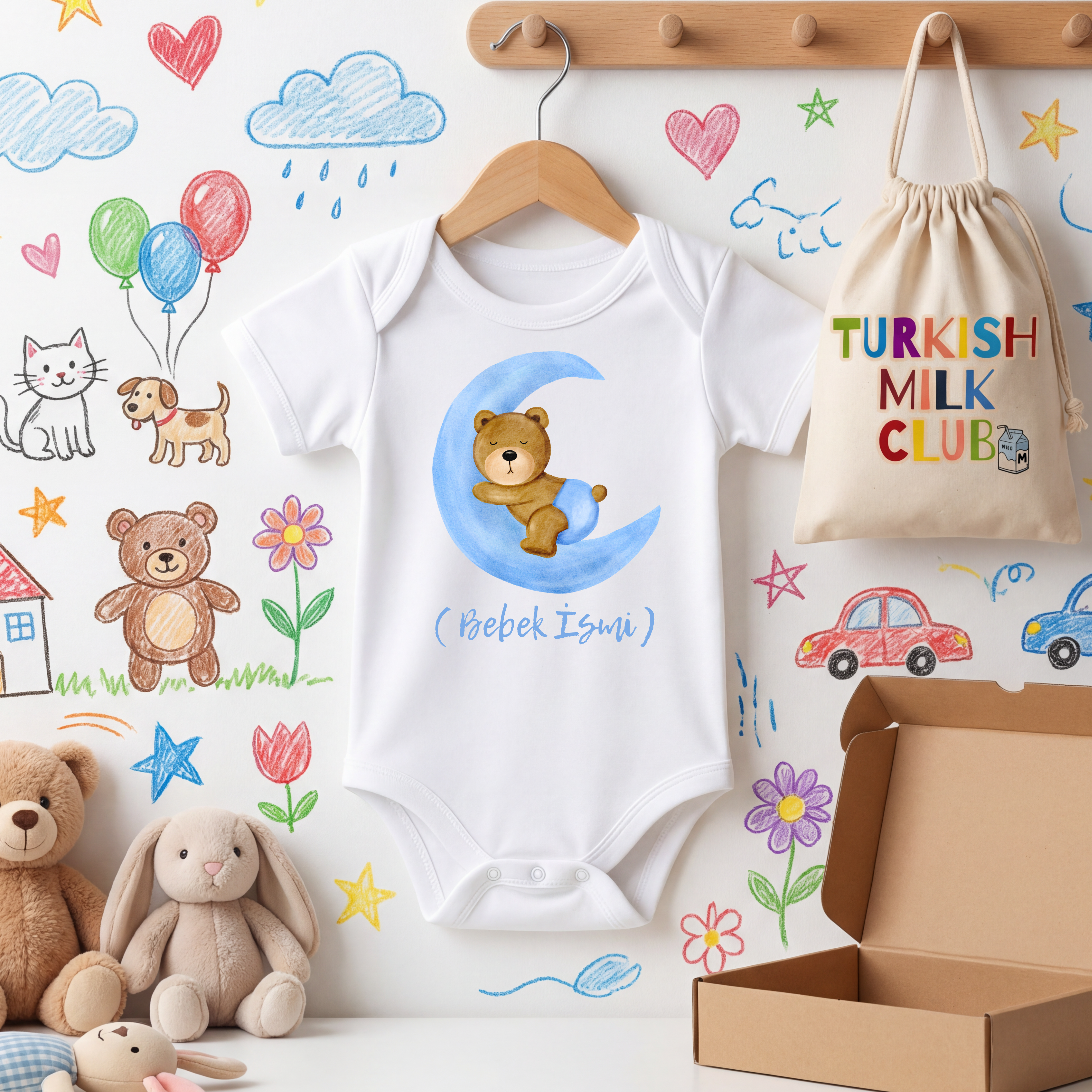 Kişiye Özel Ayıcık Ay Bebek Zıbını – İSİMLİ TASARIM
