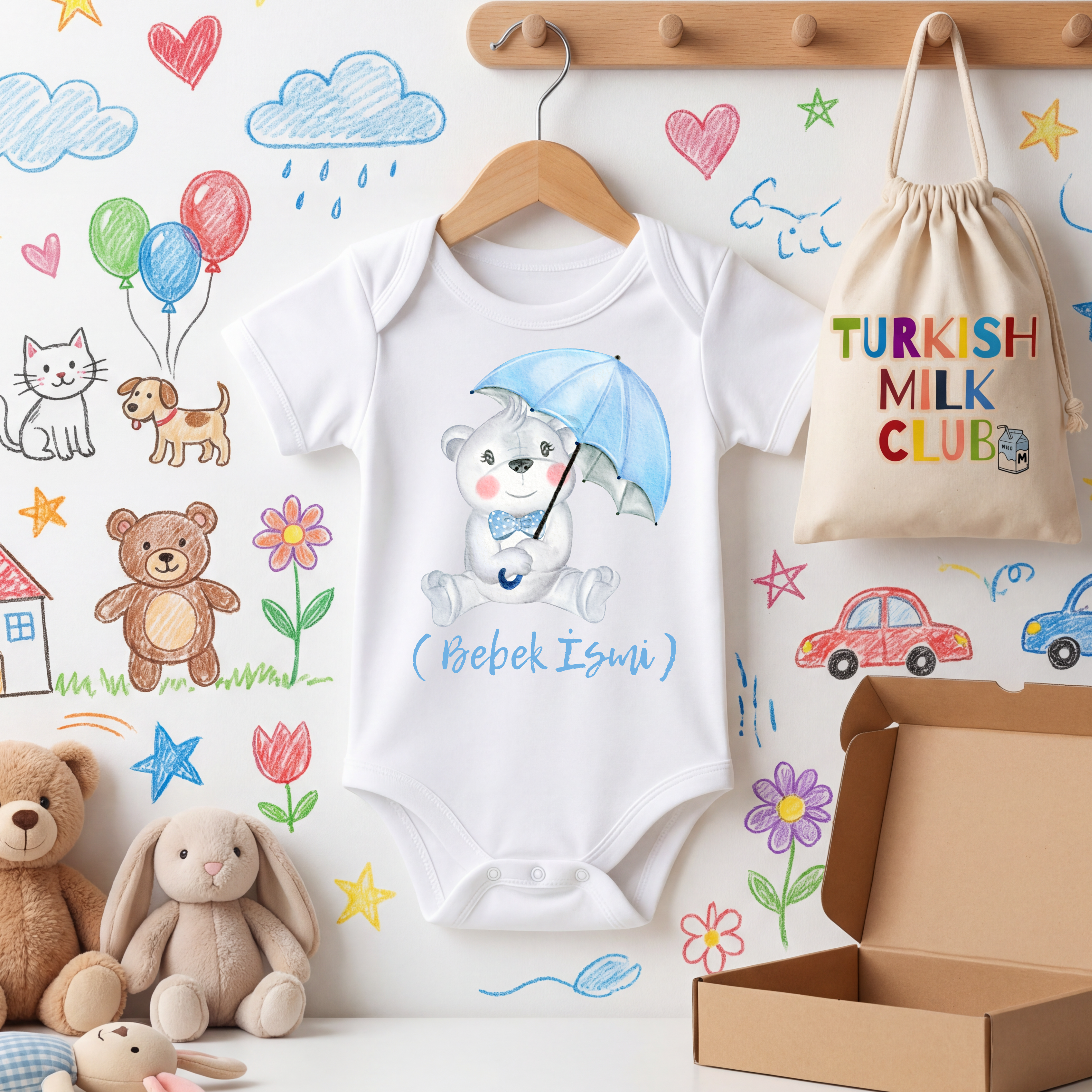 Kişiye Özel Şemsiyeli Ayıcık Bebek Zıbını – İsimli