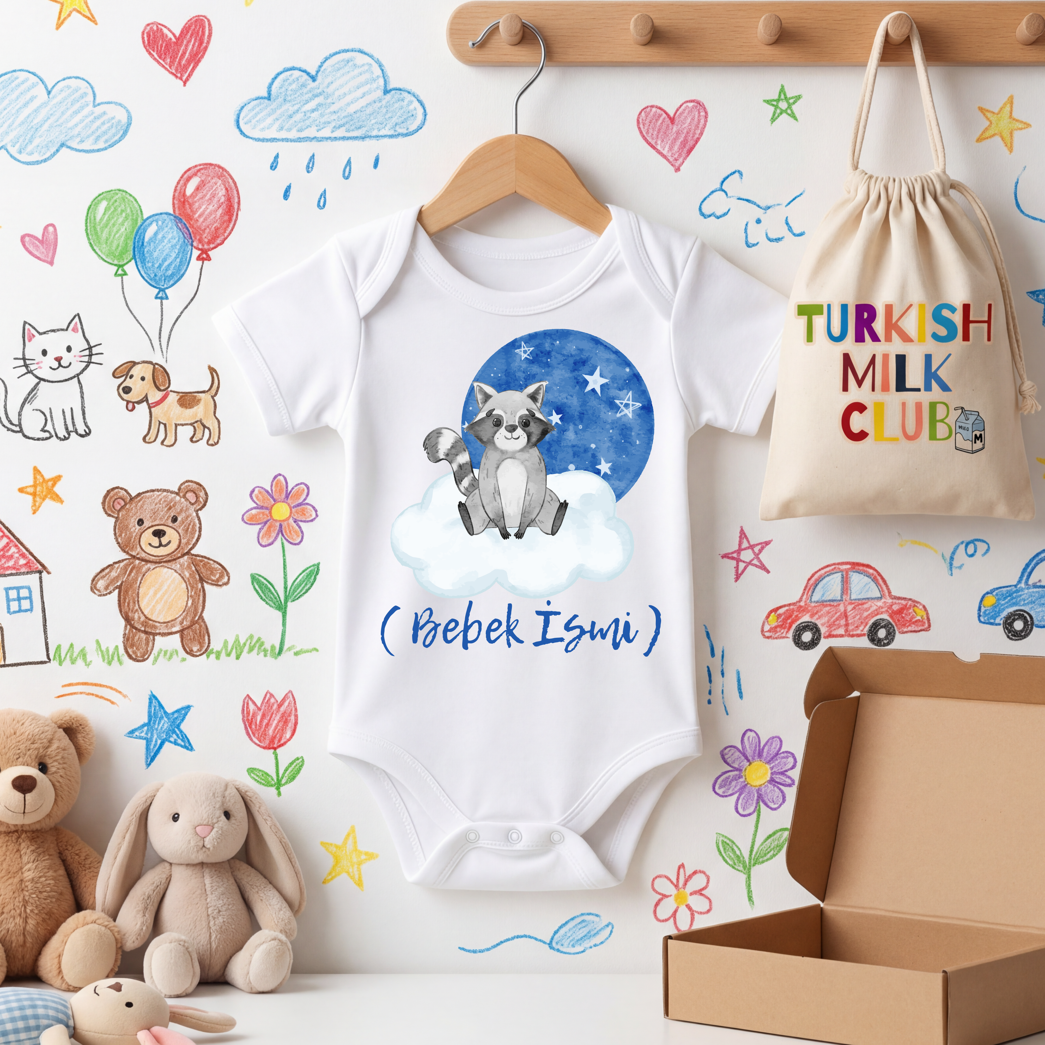 Kişiye Özel Bulut Üzerinde Rakun Bebek Zıbını – İsimli