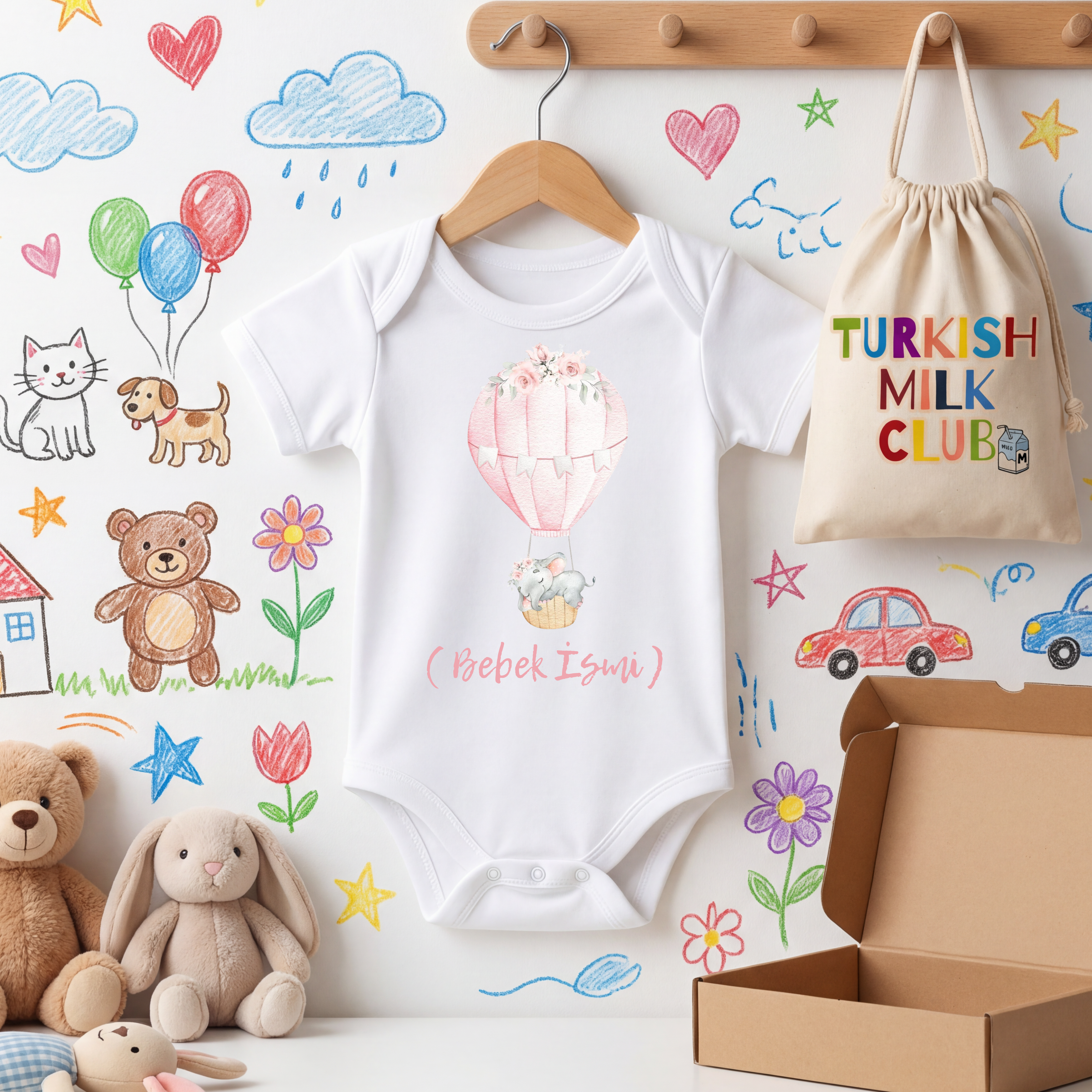 Kişiye Özel Pembe Balonlu Bebek Zıbını – İsimli